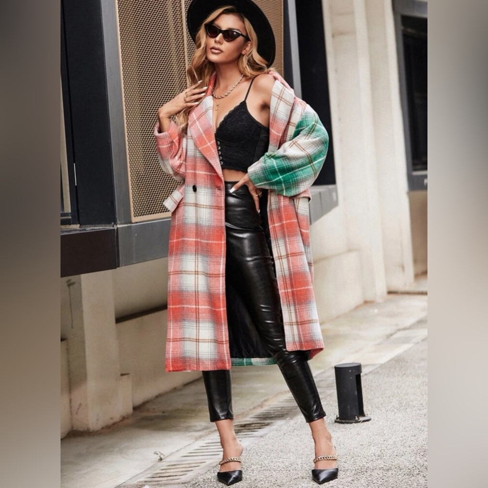 Shein Plaid Print Drop Shoulder Colorblock Overcoat